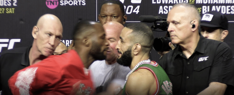 Leon Edwards se jette sur Belal Muhammad, imperturbable, lors de leur face-à-face
