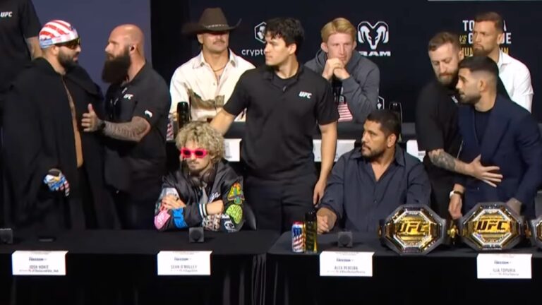 Échange houleux entre Ilia Topuria et Josh Hokit lors de la conférence de presse de l&rsquo;UFC Freedom 250